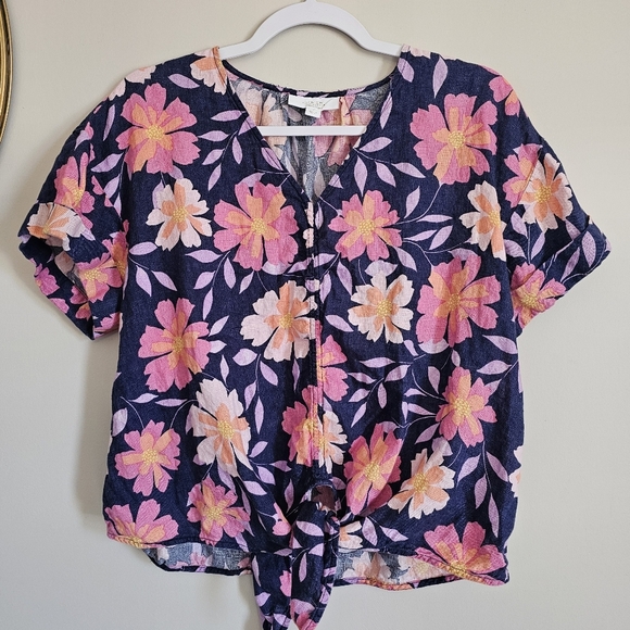 Charter Club Luxury 100% Linen Pink Navy Blue Orange Floral Tie Front Blouse - Picture 1 of 5